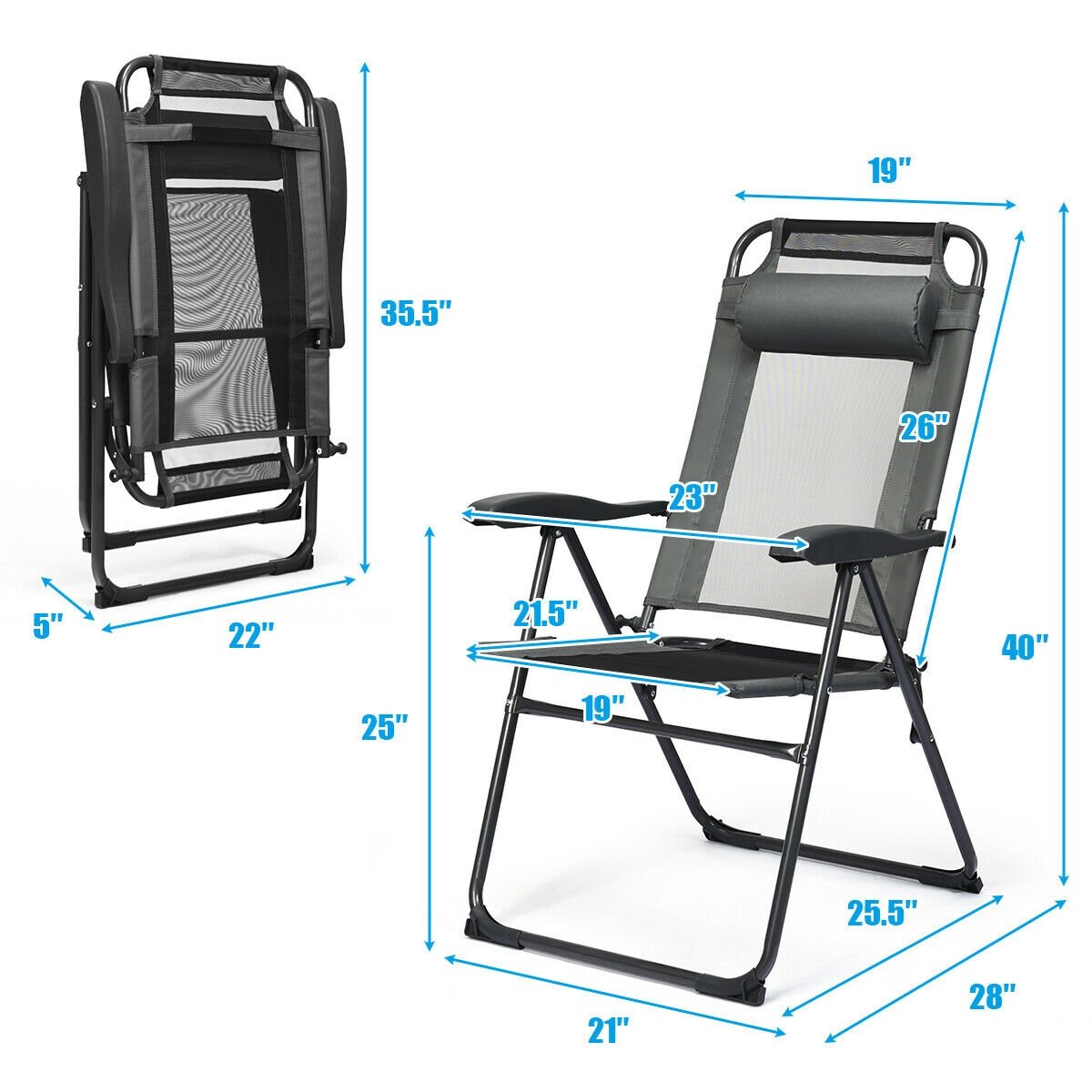 4 Pieces Patio Garden Adjustable Reclining Folding Chairs with Headrest, Gray Patio Dining Chairs   at Gallery Canada