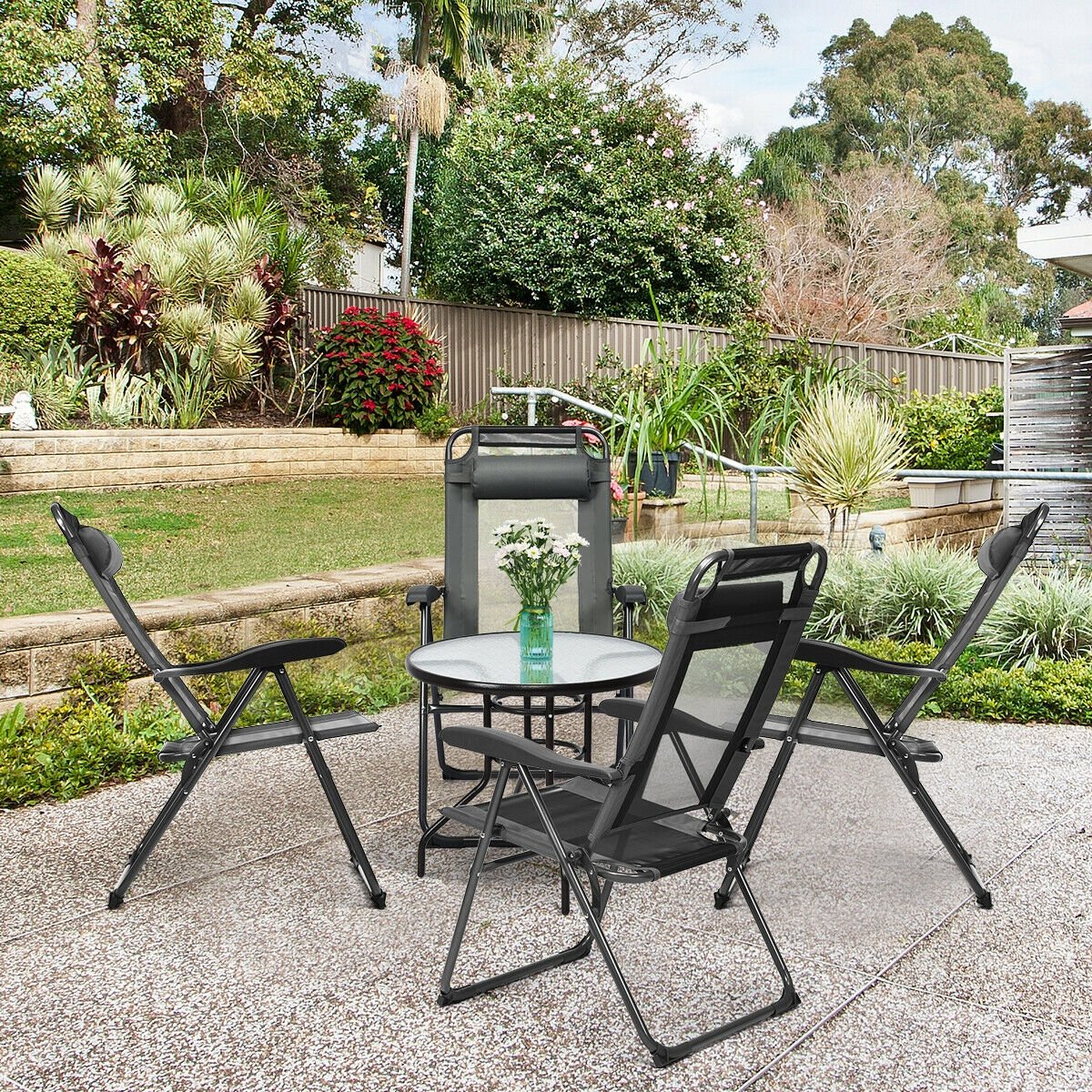 4 Pieces Patio Garden Adjustable Reclining Folding Chairs with Headrest, Gray Patio Dining Chairs   at Gallery Canada