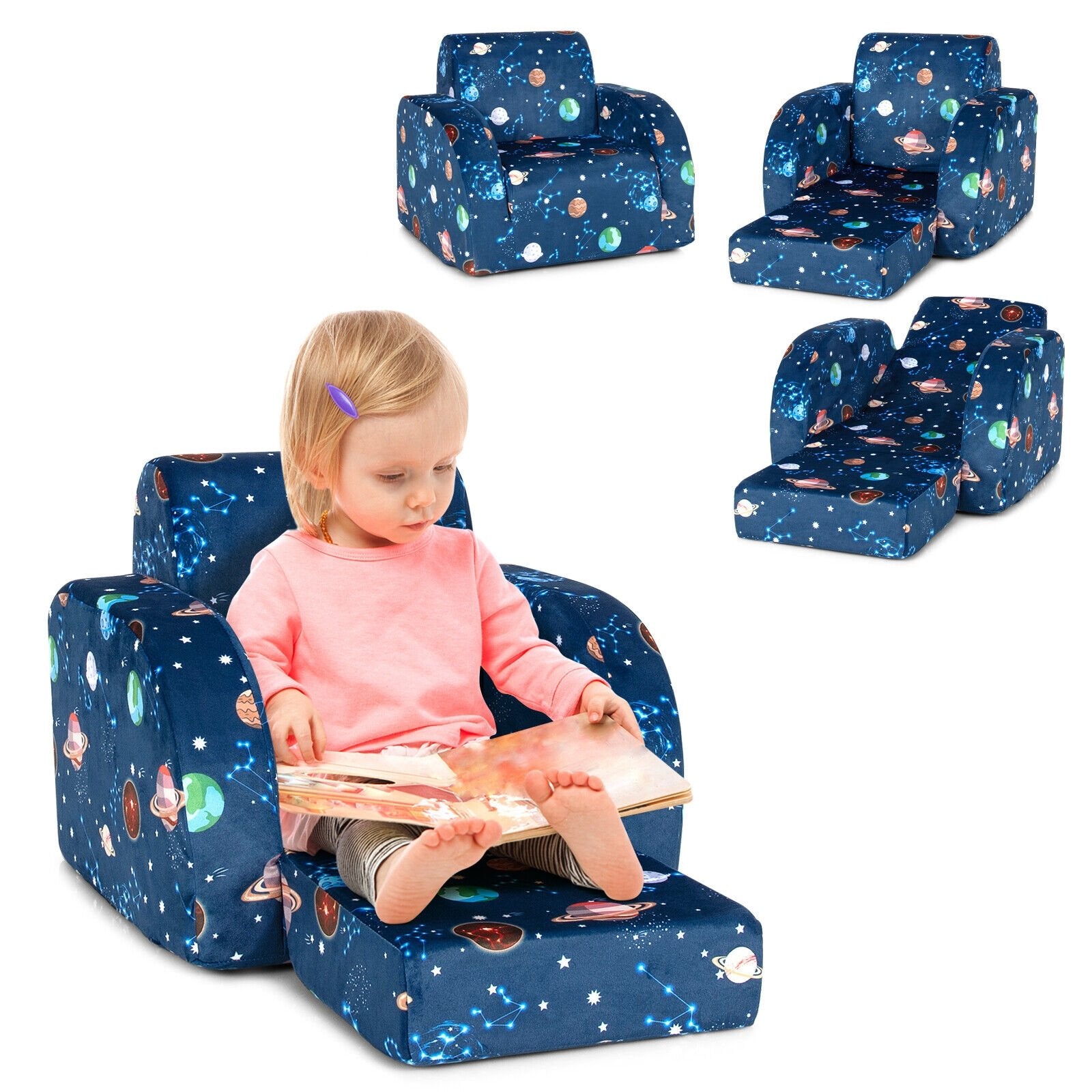 3-in-1 Convertible Kid Sofa Bed Flip-Out Chair Lounger for Toddler, Blue Kids Chairs & Seating   at Gallery Canada