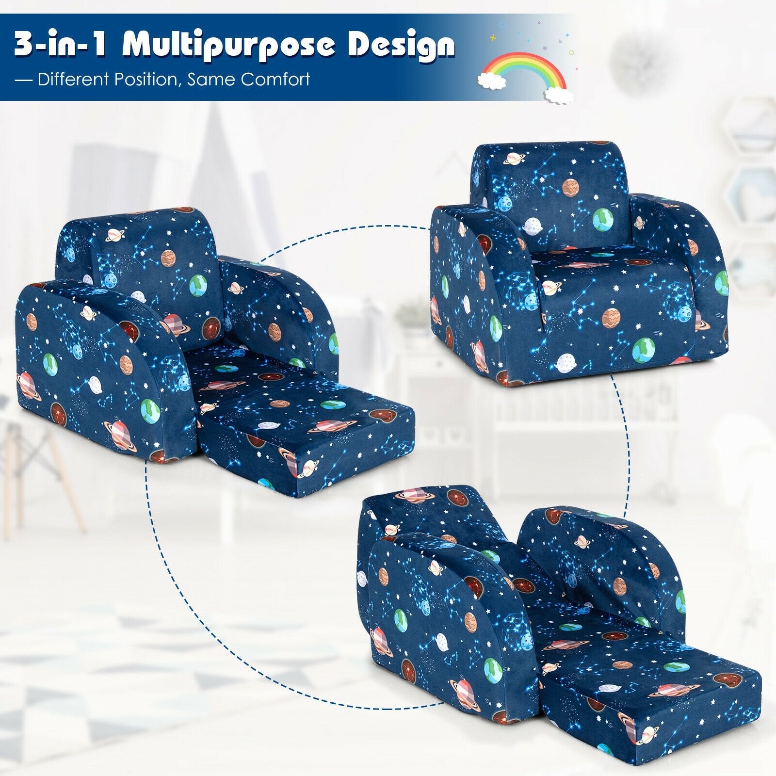 3-in-1 Convertible Kid Sofa Bed Flip-Out Chair Lounger for Toddler, Blue Kids Chairs & Seating   at Gallery Canada