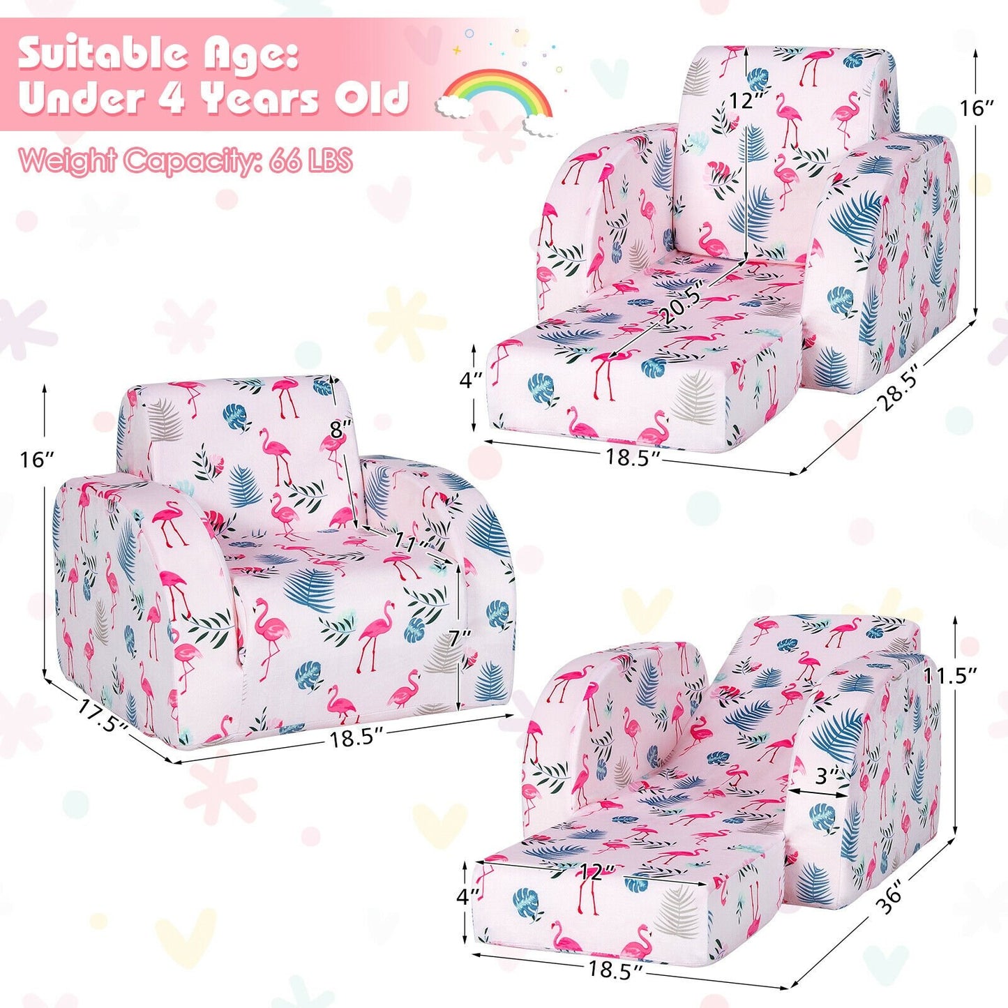 3-in-1 Convertible Kid Sofa Bed Flip-Out Chair Lounger for Toddler, Pink Kids Chairs & Seating   at Gallery Canada