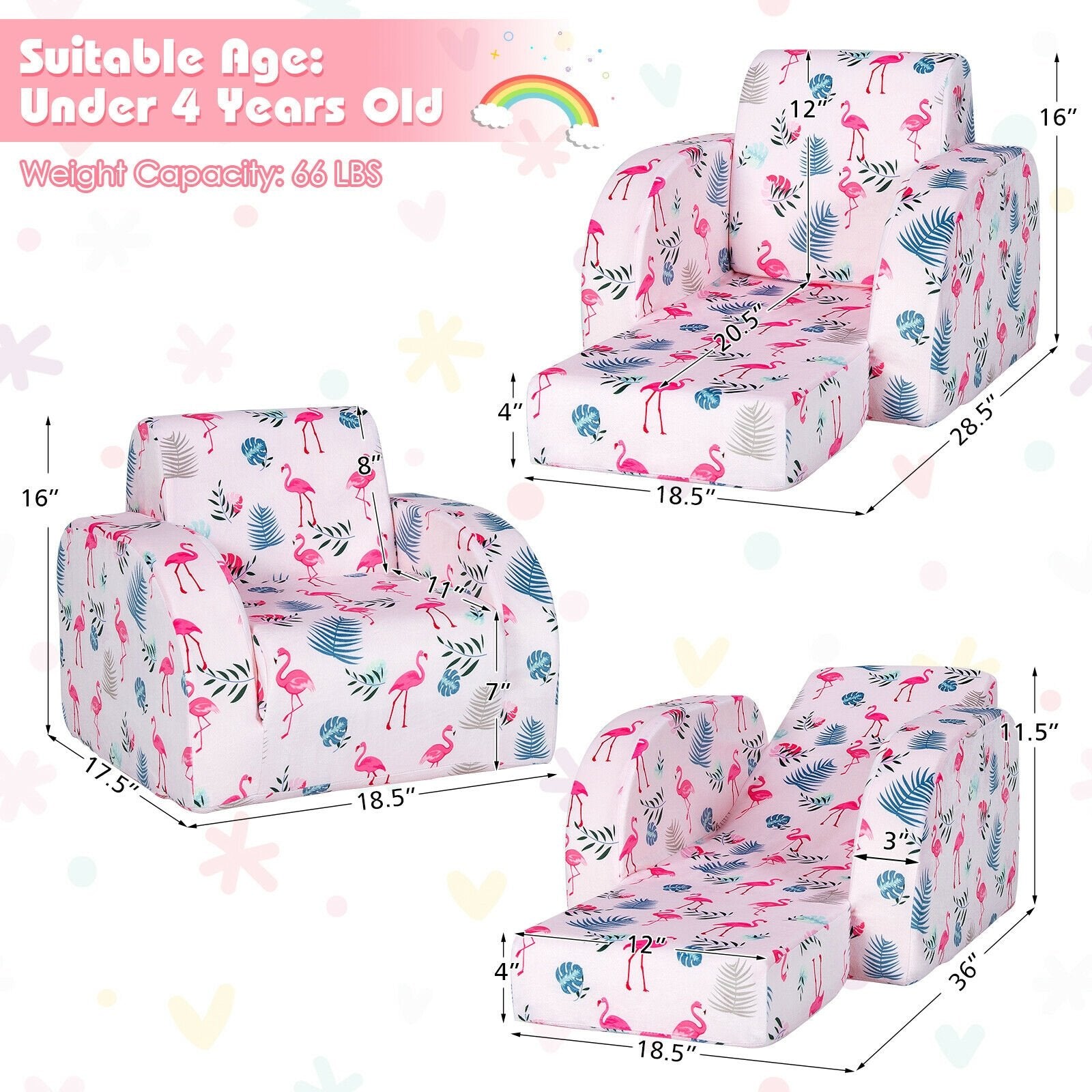 3-in-1 Convertible Kid Sofa Bed Flip-Out Chair Lounger for Toddler, Pink Kids Chairs & Seating   at Gallery Canada