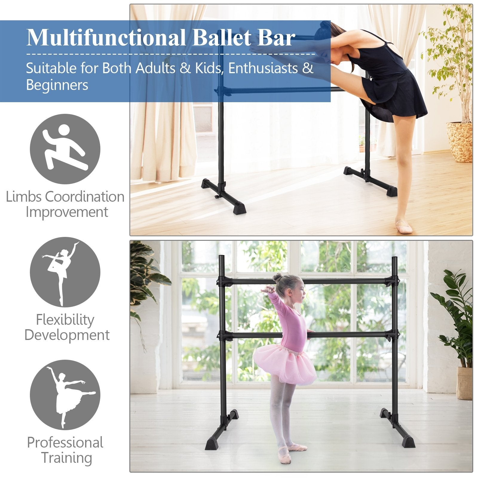 4 Feet Portable Double Freestanding Barre Dancing Stretching, Black Yoga Accessories   at Gallery Canada