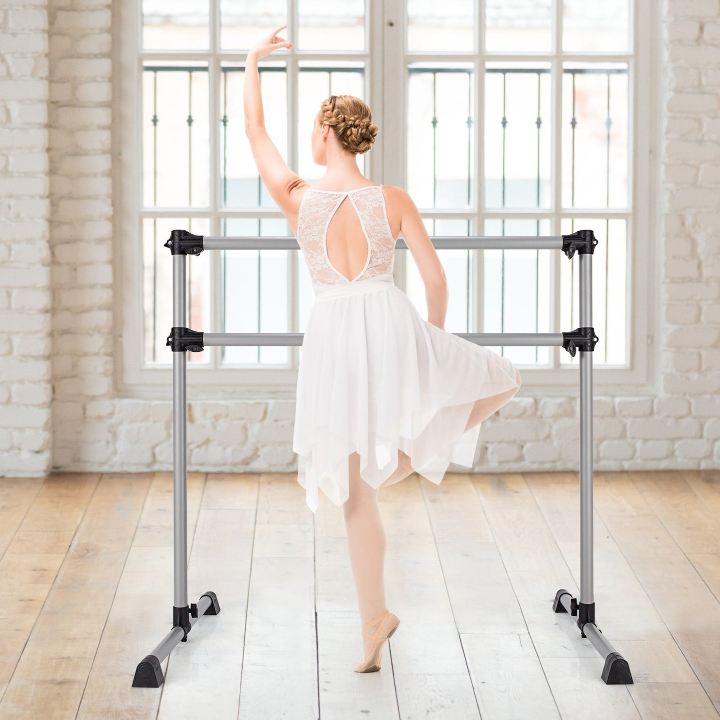 4 Feet Portable Double Freestanding Barre Dancing Stretching, Silver Yoga Accessories   at Gallery Canada