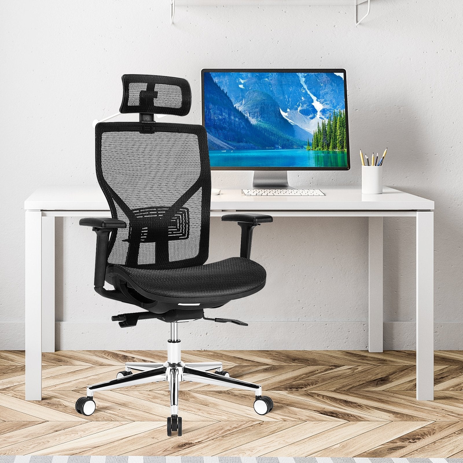 High-Back Mesh Executive Chair with Sliding Seat and Adjustable Lumbar Support, Black Ergonomic Chairs   at Gallery Canada