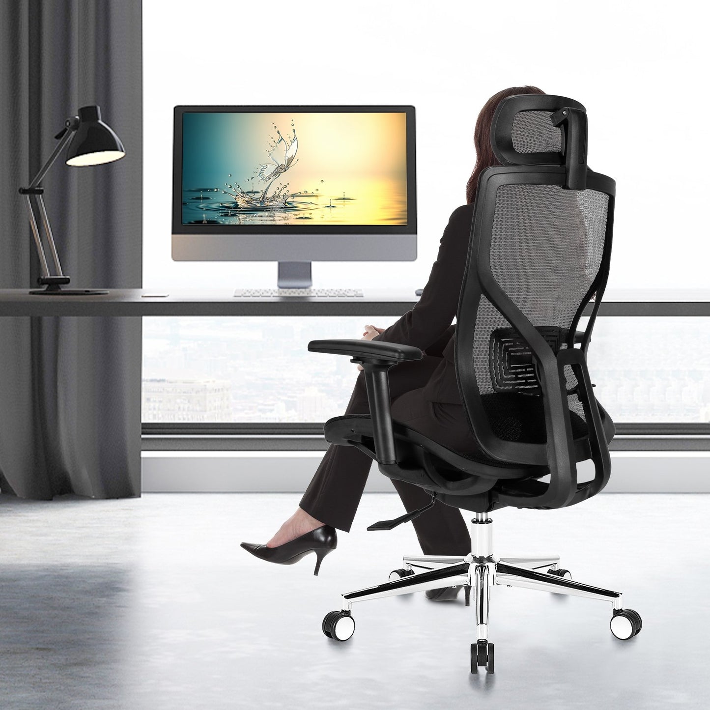 High-Back Mesh Executive Chair with Sliding Seat and Adjustable Lumbar Support, Black Ergonomic Chairs   at Gallery Canada