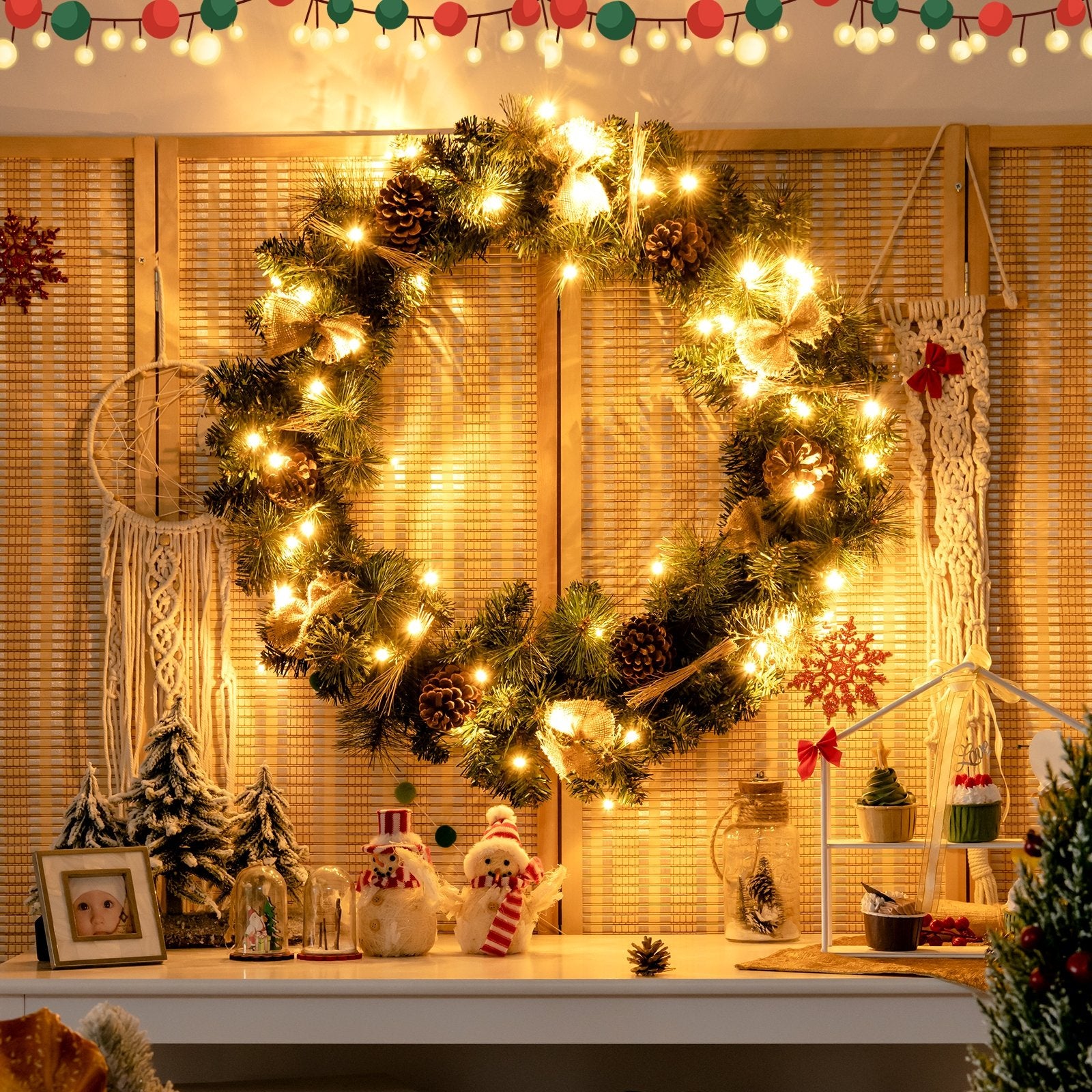 30 Inch Pre-lit Christmas Wreath with Mixed Decorations, Green - Gallery Canada