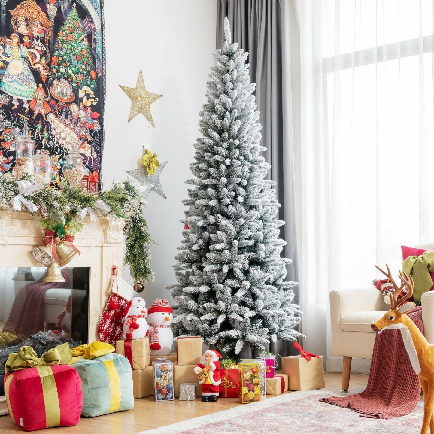 Snow-Flocked Hinged Artificial Christmas Pencil Tree with Mixed Tips-7.5', White Christmas Tree   at Gallery Canada