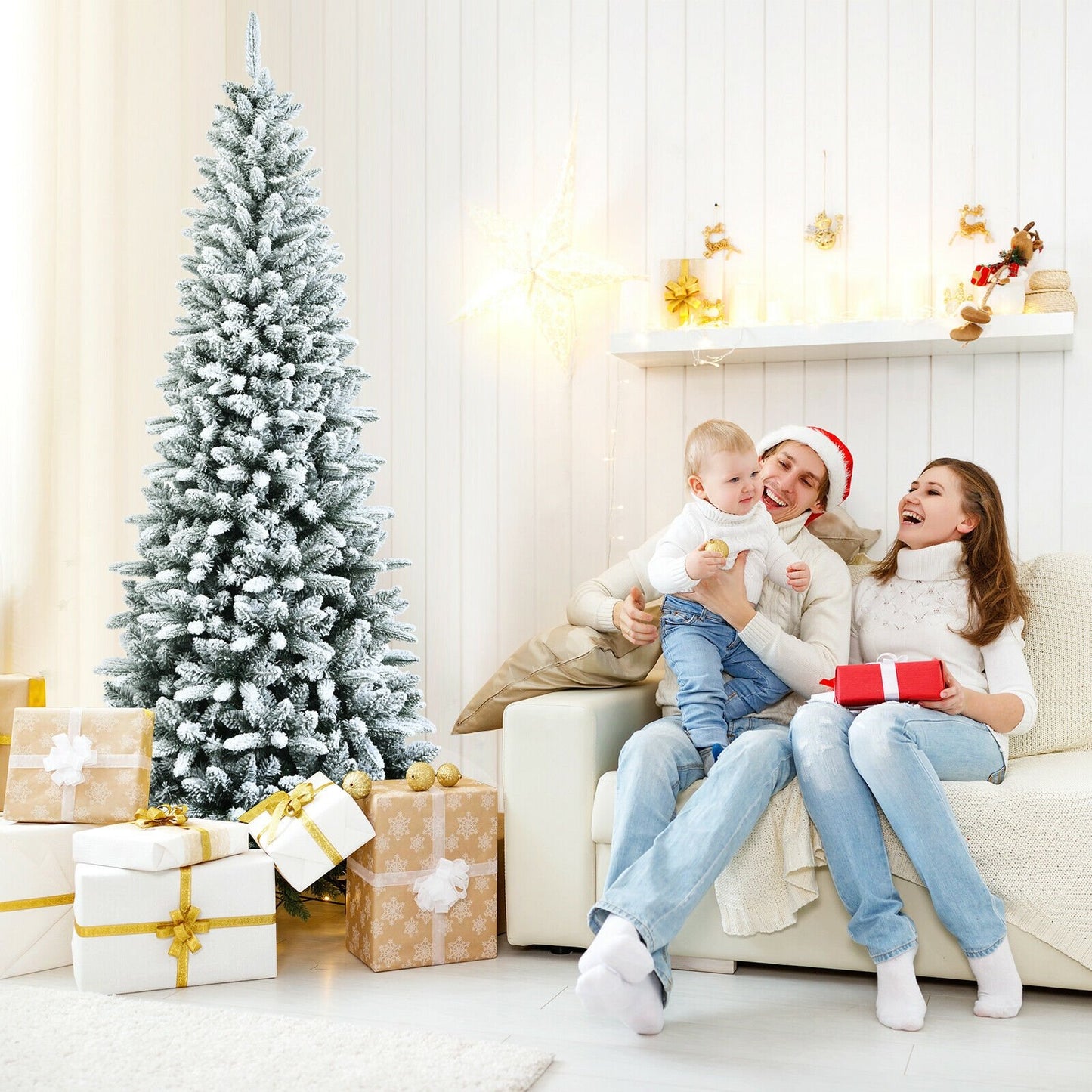 Snow-Flocked Hinged Artificial Christmas Pencil Tree with Mixed Tips-7.5', White Christmas Tree   at Gallery Canada