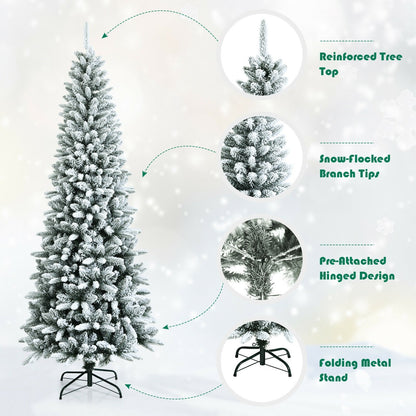 Snow-Flocked Hinged Artificial Christmas Pencil Tree with Mixed Tips-7.5', White Christmas Tree   at Gallery Canada