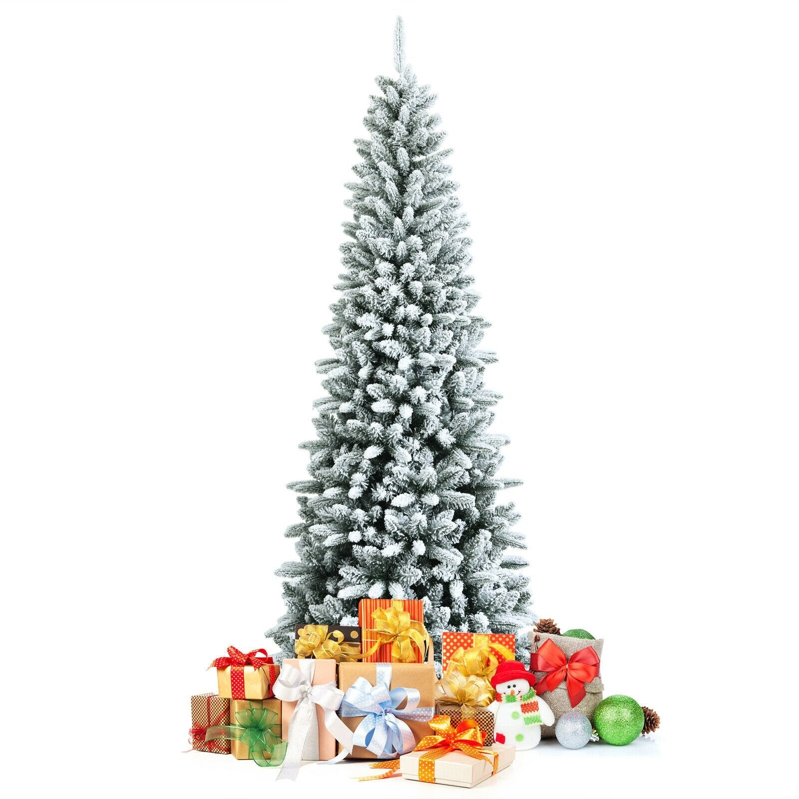 Snow-Flocked Hinged Artificial Christmas Pencil Tree with Mixed Tips-7.5', White Christmas Tree   at Gallery Canada