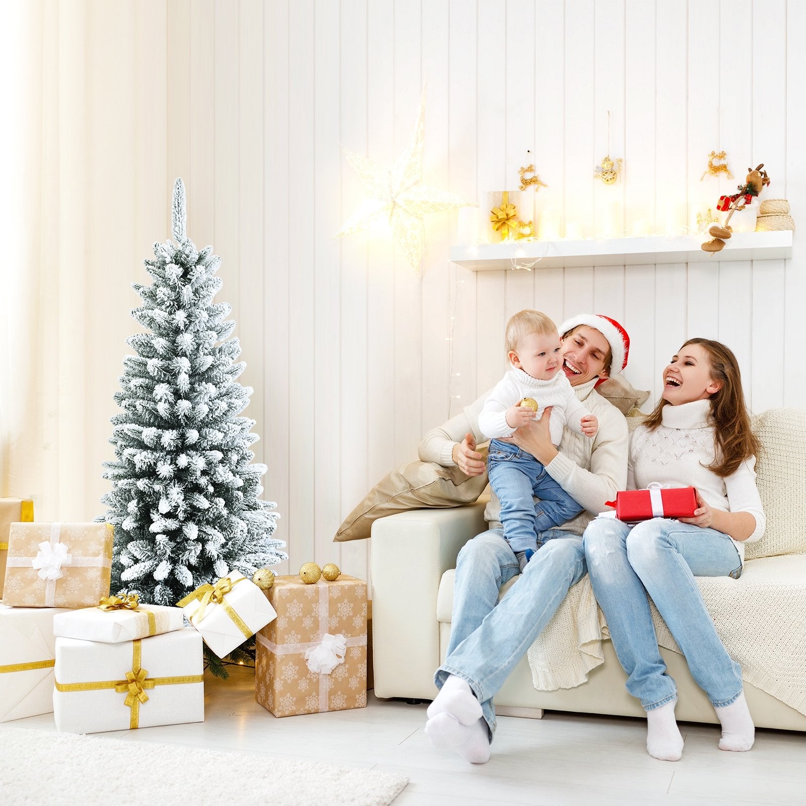 Snow-Flocked Hinged Artificial Christmas Pencil Tree with Mixed Tips-4.5', White Christmas Tree   at Gallery Canada