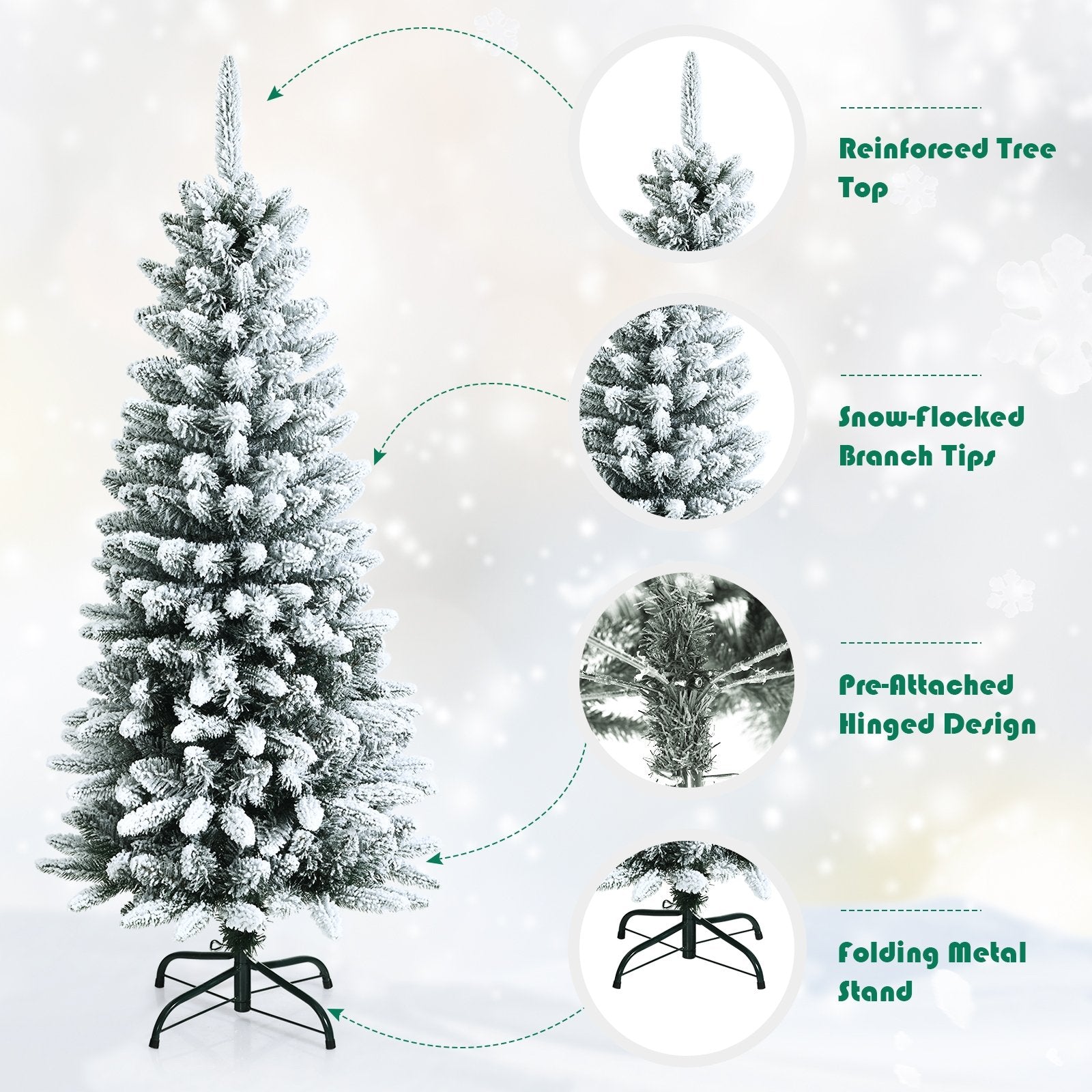 Snow-Flocked Hinged Artificial Christmas Pencil Tree with Mixed Tips-4.5', White - Gallery Canada