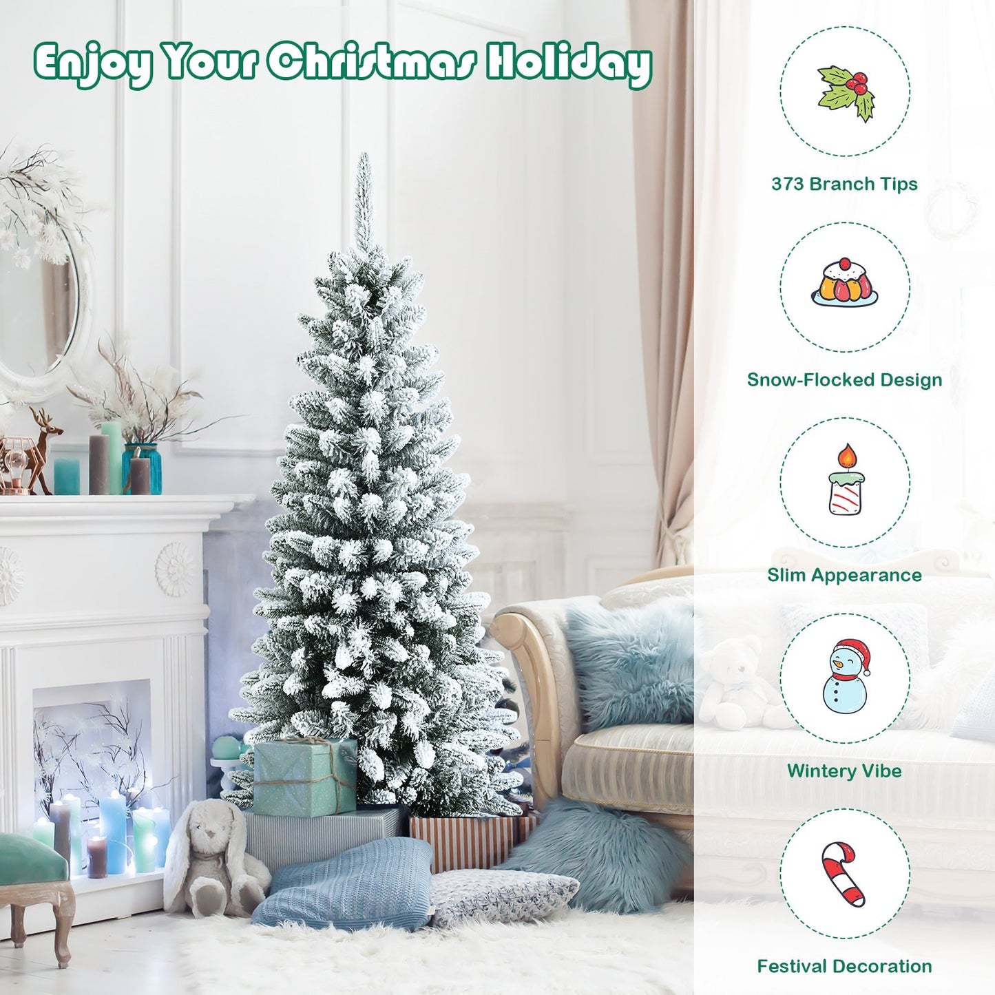 Snow-Flocked Hinged Artificial Christmas Pencil Tree with Mixed Tips-4.5', White - Gallery Canada