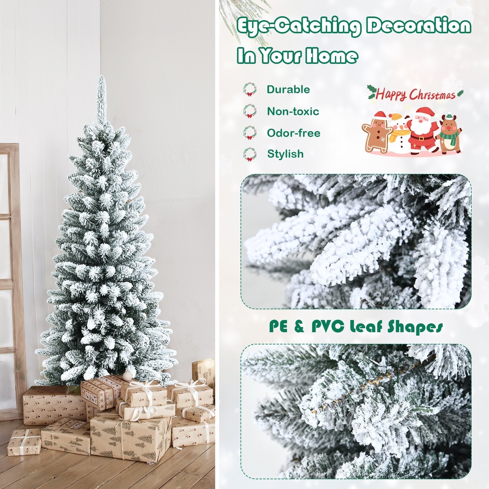 Snow-Flocked Hinged Artificial Christmas Pencil Tree with Mixed Tips-4.5', White - Gallery Canada