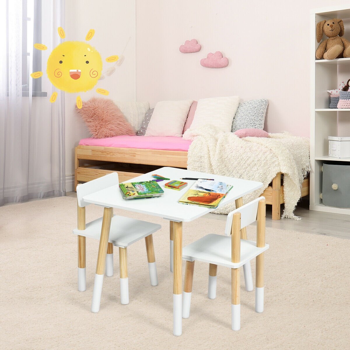 Kids Wooden Table and 2 Chairs Set, White - Gallery Canada