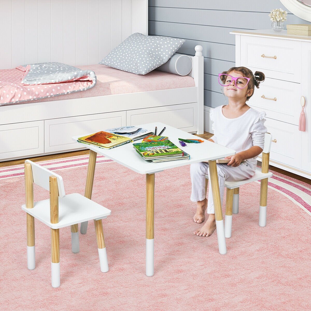 Kids Wooden Table and 2 Chairs Set, White Kids Table & Chair Sets   at Gallery Canada