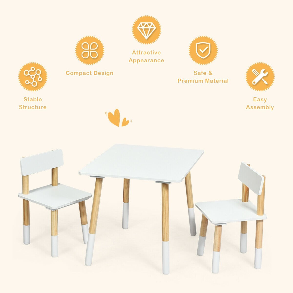 Kids Wooden Table and 2 Chairs Set, White Kids Table & Chair Sets   at Gallery Canada