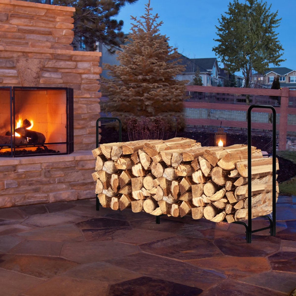 8 Feet Outdoor Steel Firewood Log Rack, Black Log Storage   at Gallery Canada