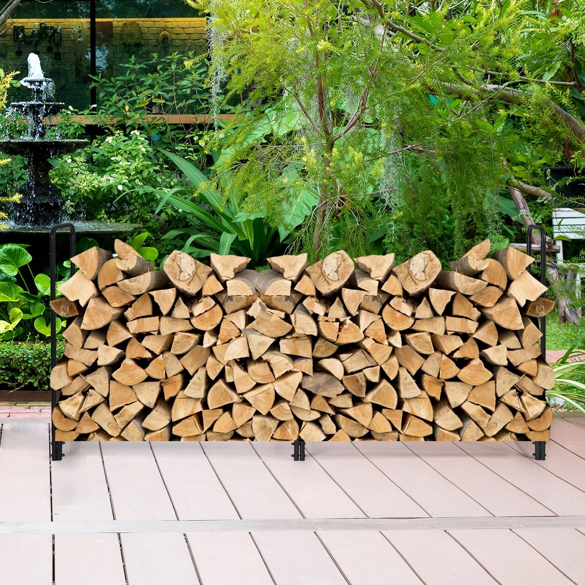 8 Feet Outdoor Steel Firewood Log Rack, Black Log Storage   at Gallery Canada