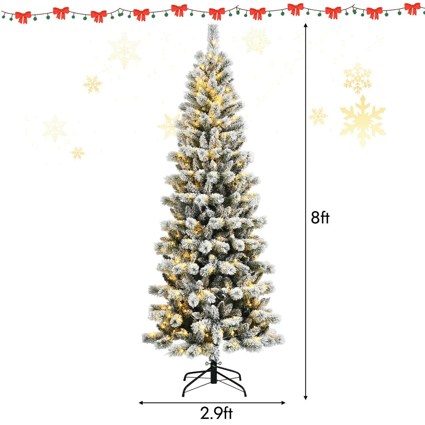 8 Feet Pre-Lit Hinged Snow Flocked Christmas Tree with Remote Control, White - Gallery Canada