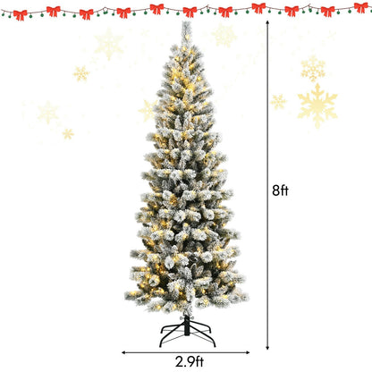 8 Feet Pre-Lit Hinged Snow Flocked Christmas Tree with Remote Control, White Christmas Tree   at Gallery Canada