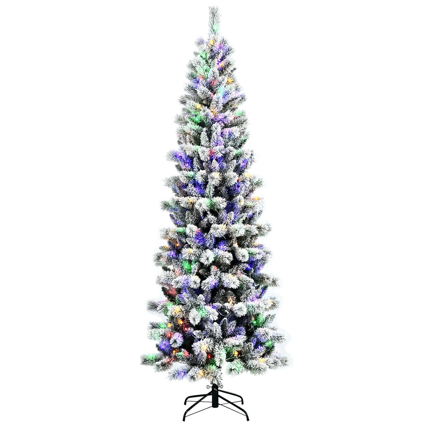 8 Feet Pre-Lit Hinged Snow Flocked Christmas Tree with Remote Control, White - Gallery Canada