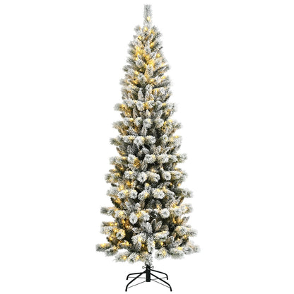 8 Feet Pre-Lit Hinged Snow Flocked Christmas Tree with Remote Control, White - Gallery Canada