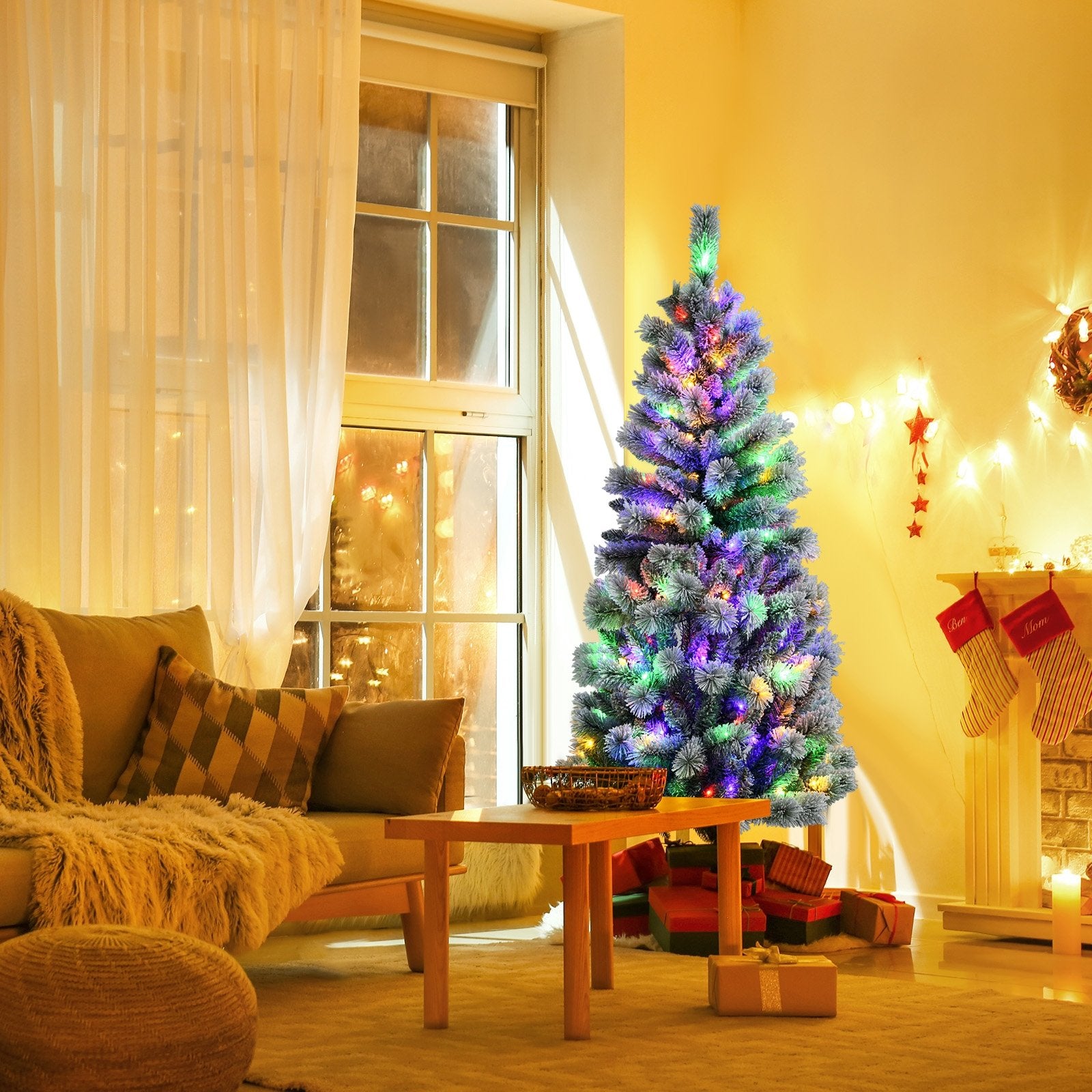 Pre-Lit Hinged Christmas Tree with Remote Control Lights-6', White Christmas Tree   at Gallery Canada