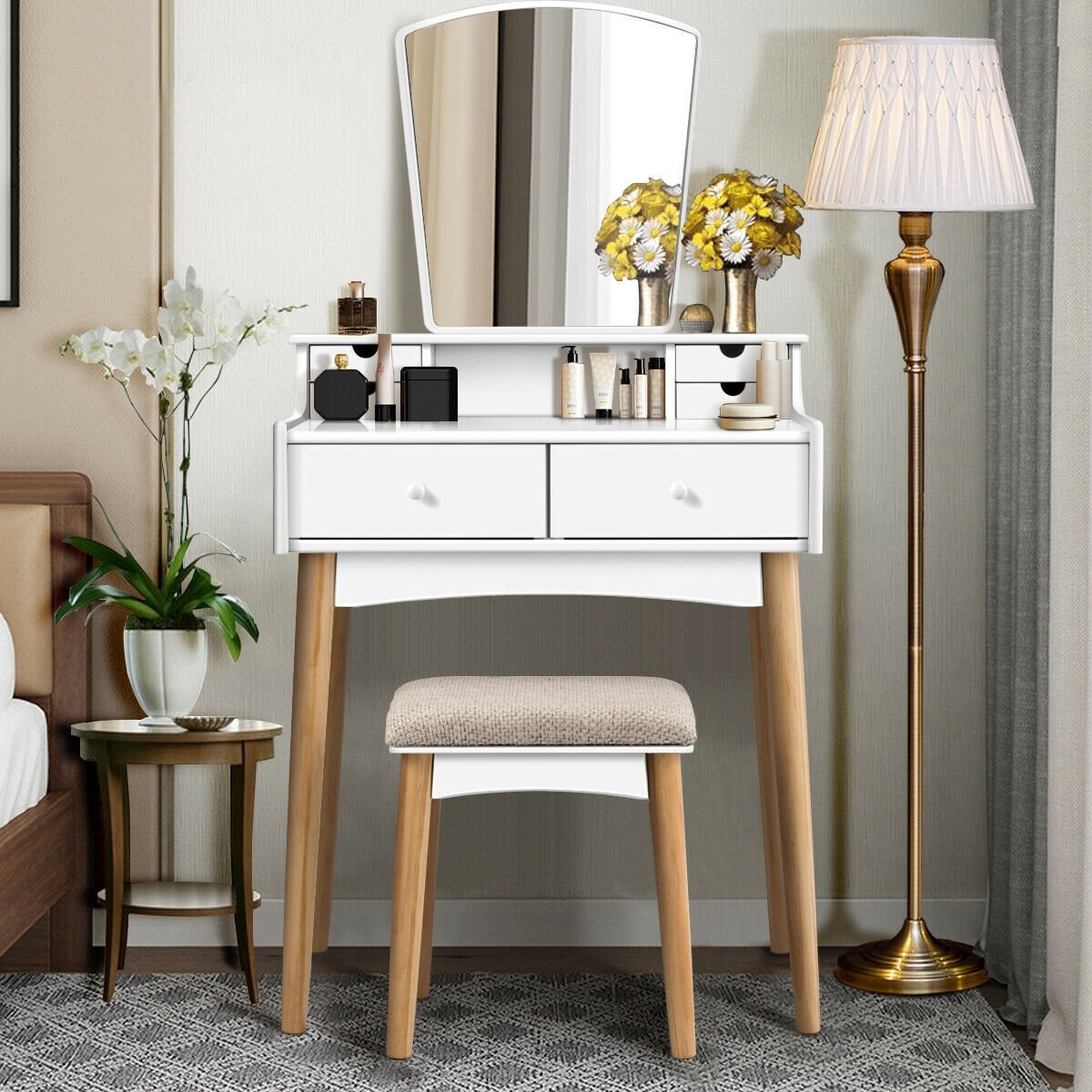 Makeup Vanity Set with 6 Drawers and Unique Shape Mirror, White - Gallery Canada