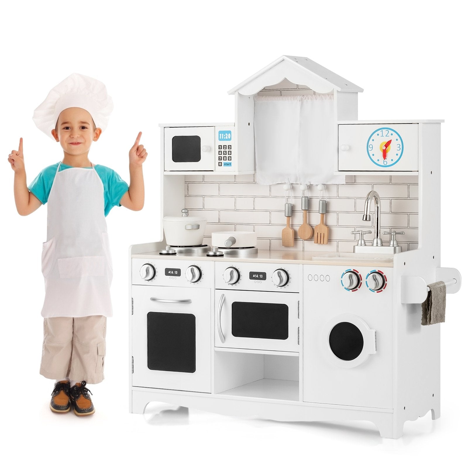 Wooden Kids Kitchen with Washing Machine, White Play Kitchen Sets   at Gallery Canada