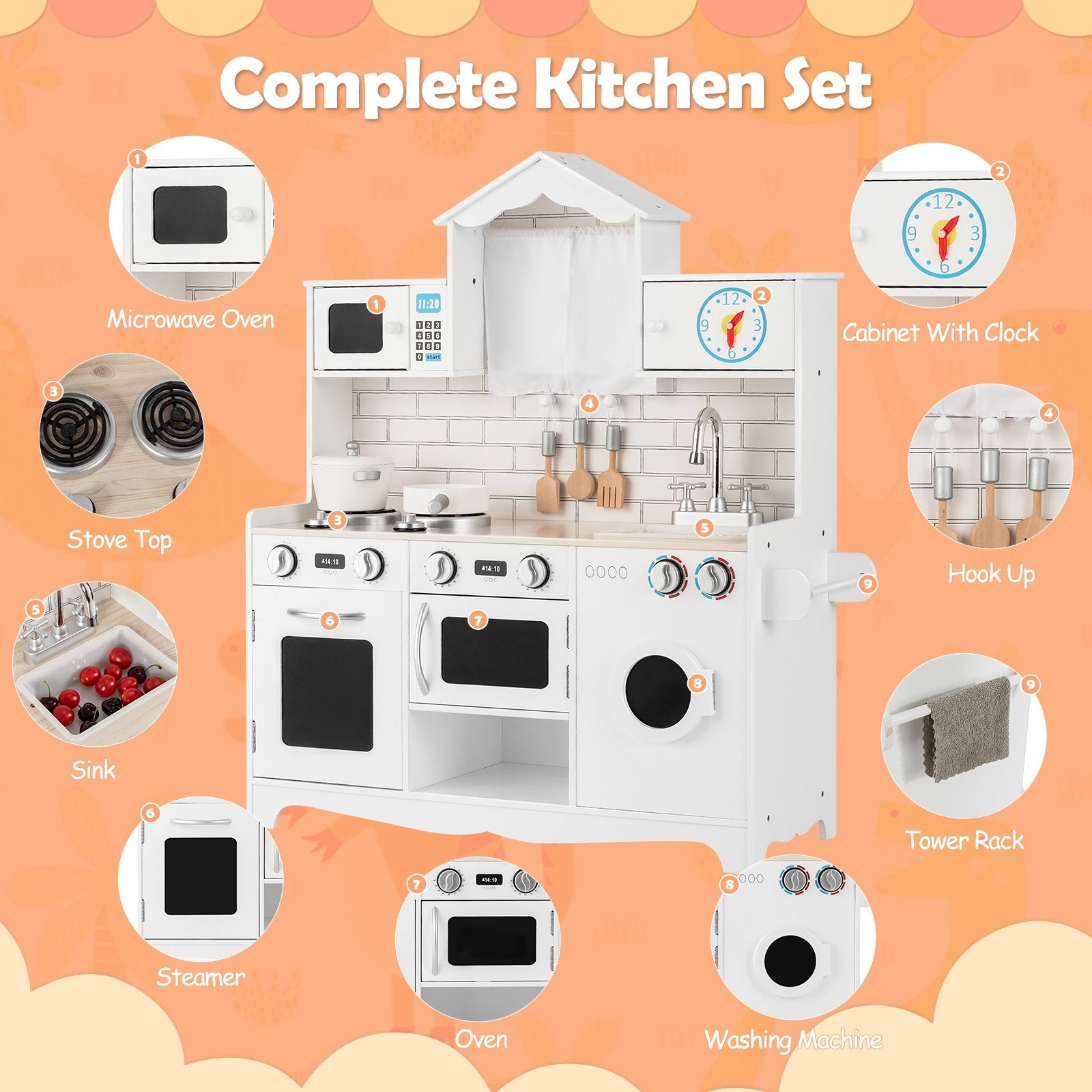 Wooden Kids Kitchen with Washing Machine, White Play Kitchen Sets   at Gallery Canada