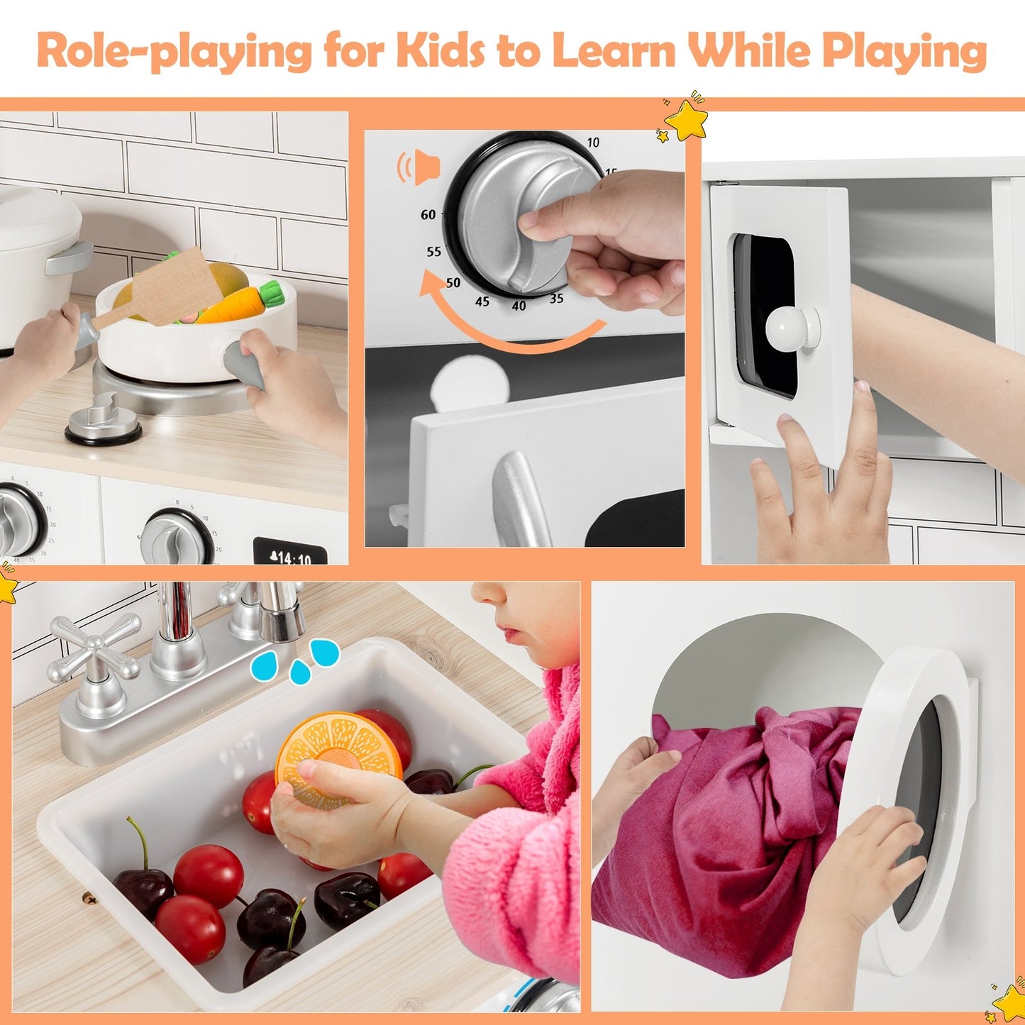 Wooden Kids Kitchen with Washing Machine, White Play Kitchen Sets   at Gallery Canada