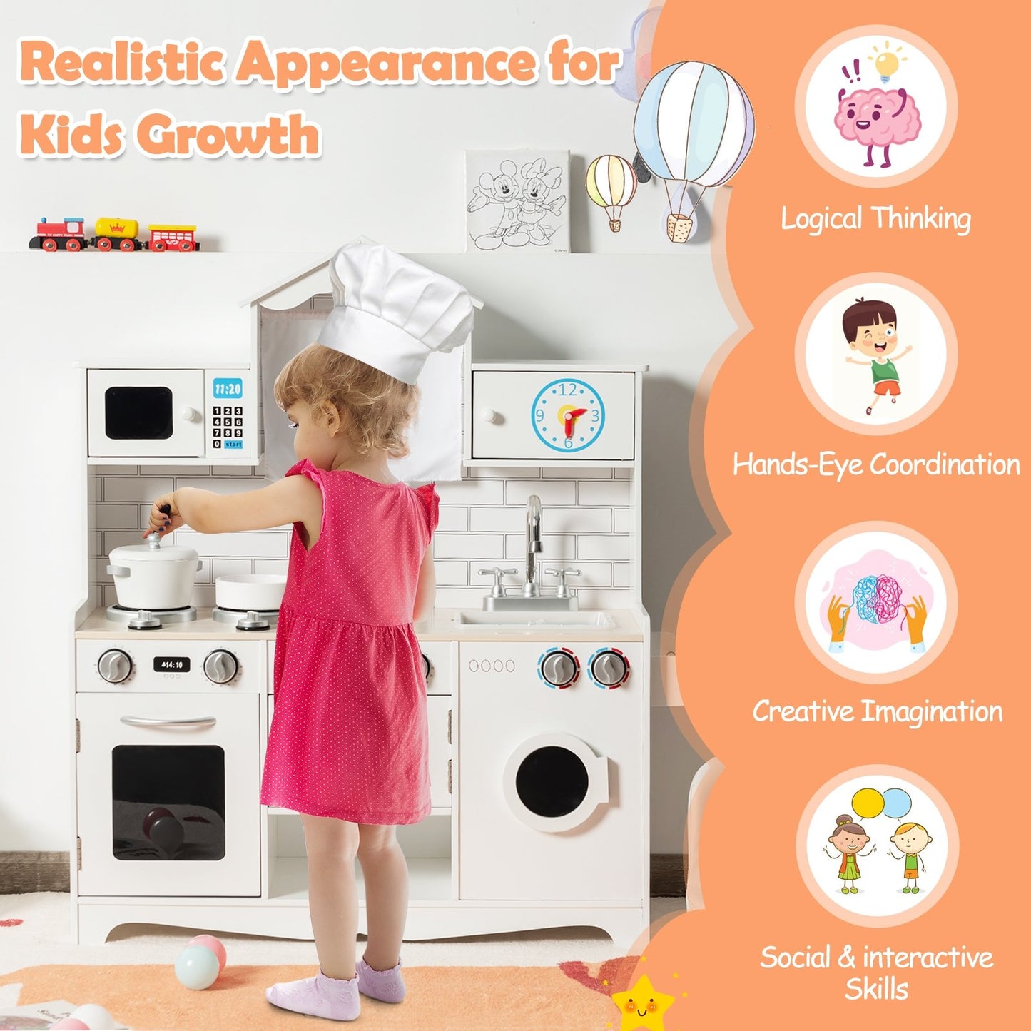 Wooden Kids Kitchen with Washing Machine, White Play Kitchen Sets   at Gallery Canada