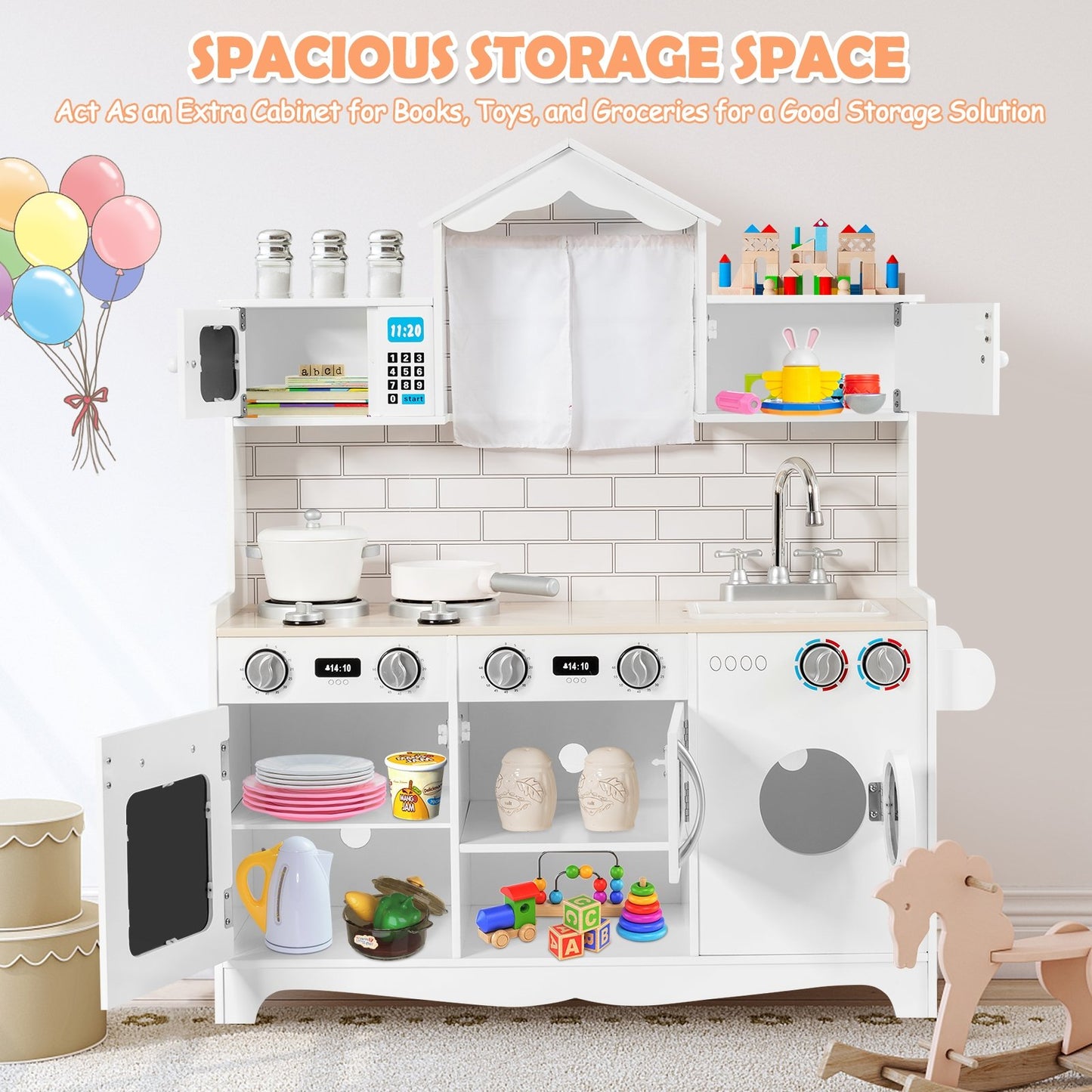 Wooden Kids Kitchen with Washing Machine, White Play Kitchen Sets   at Gallery Canada