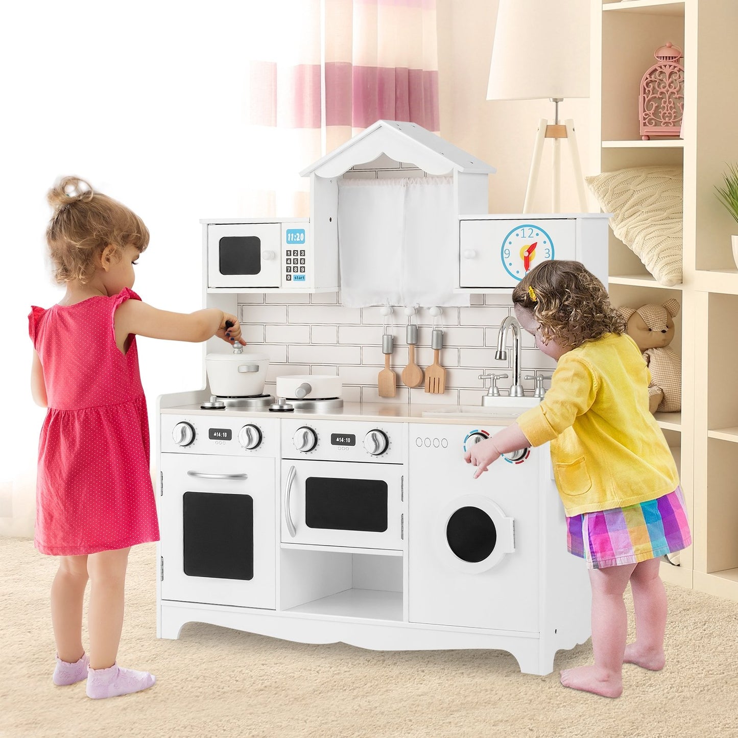 Wooden Kids Kitchen with Washing Machine, White Play Kitchen Sets   at Gallery Canada