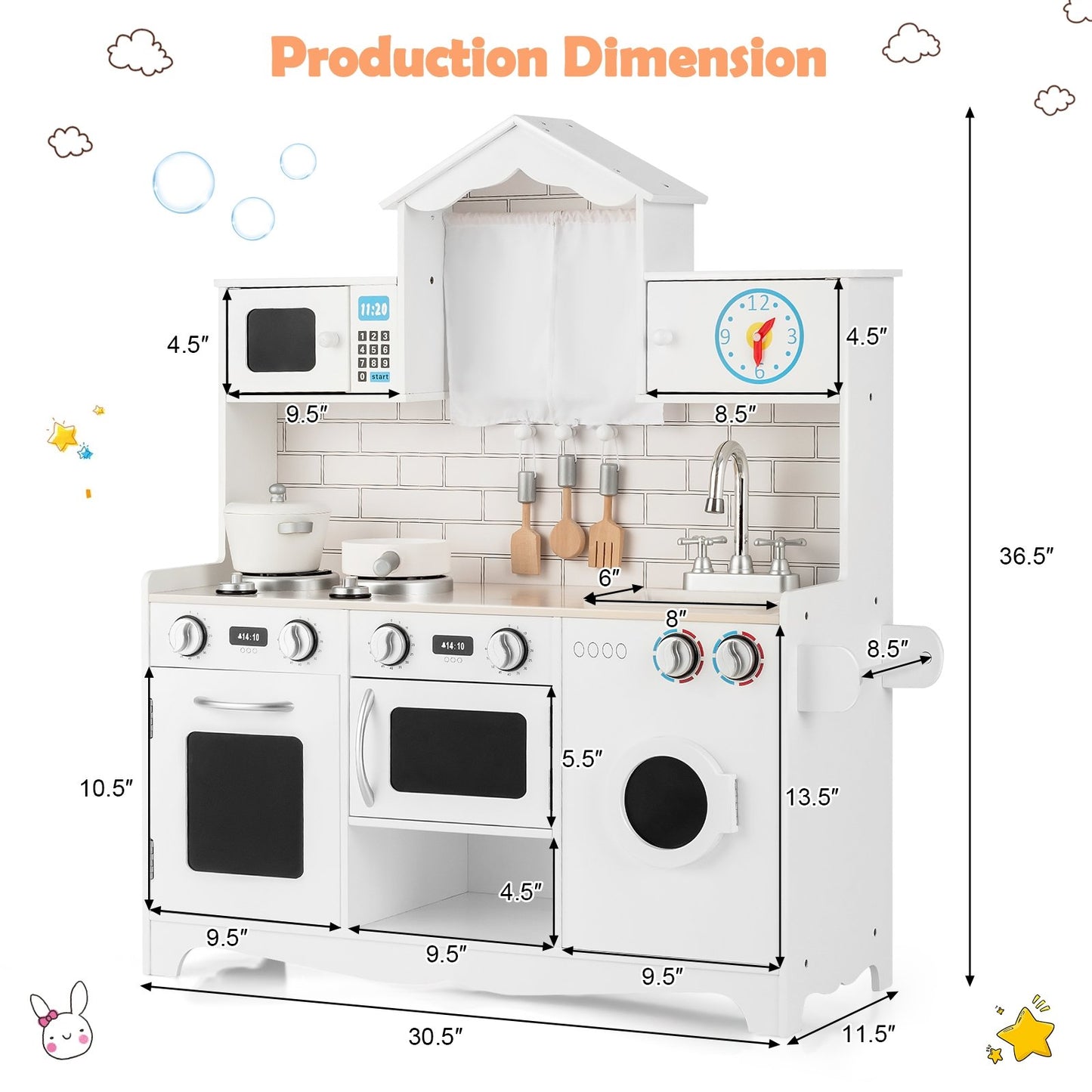 Wooden Kids Kitchen with Washing Machine, White Play Kitchen Sets   at Gallery Canada