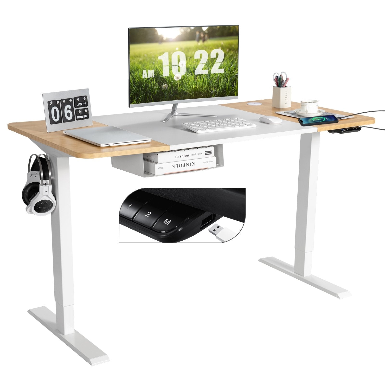 55 x 28 Inch Electric Adjustable Sit to Stand Desk with USB Port, Natural Standing Desks   at Gallery Canada