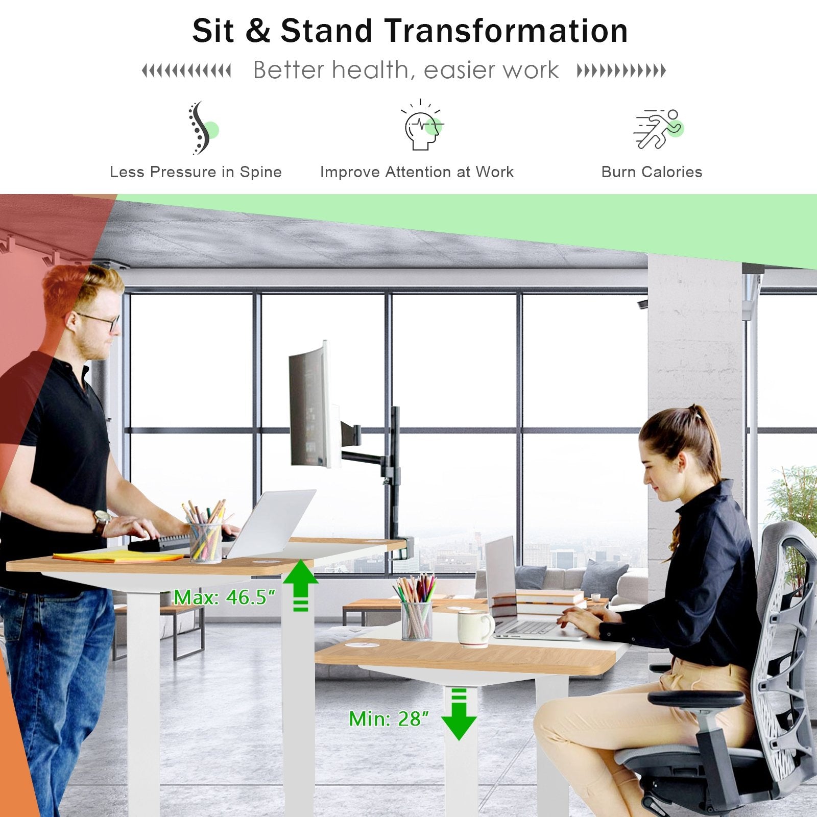 55 x 28 Inch Electric Adjustable Sit to Stand Desk with USB Port, Natural Standing Desks   at Gallery Canada