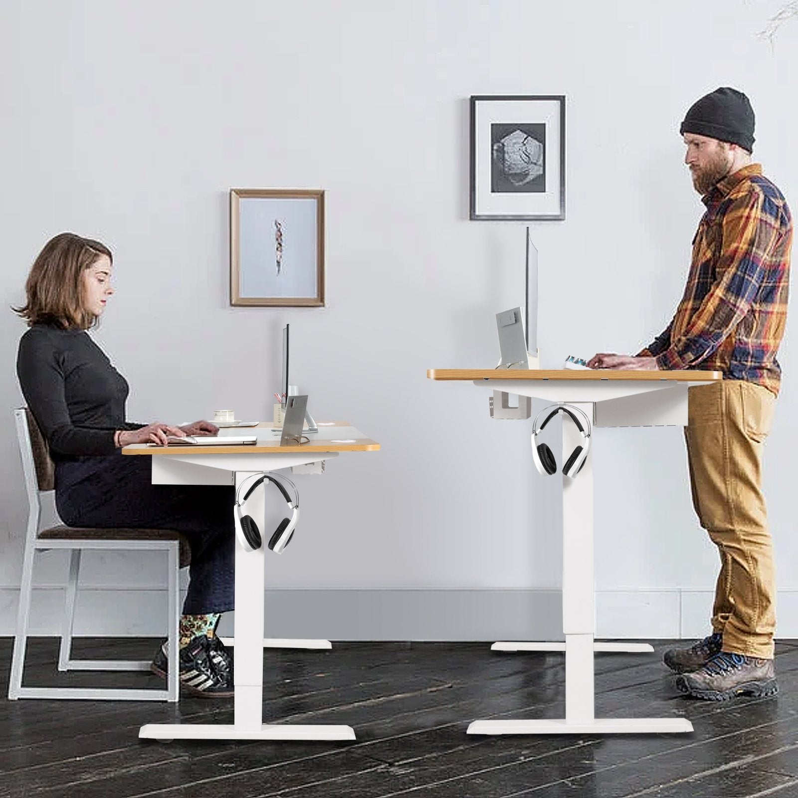 55 x 28 Inch Electric Adjustable Sit to Stand Desk with USB Port, Natural Standing Desks   at Gallery Canada