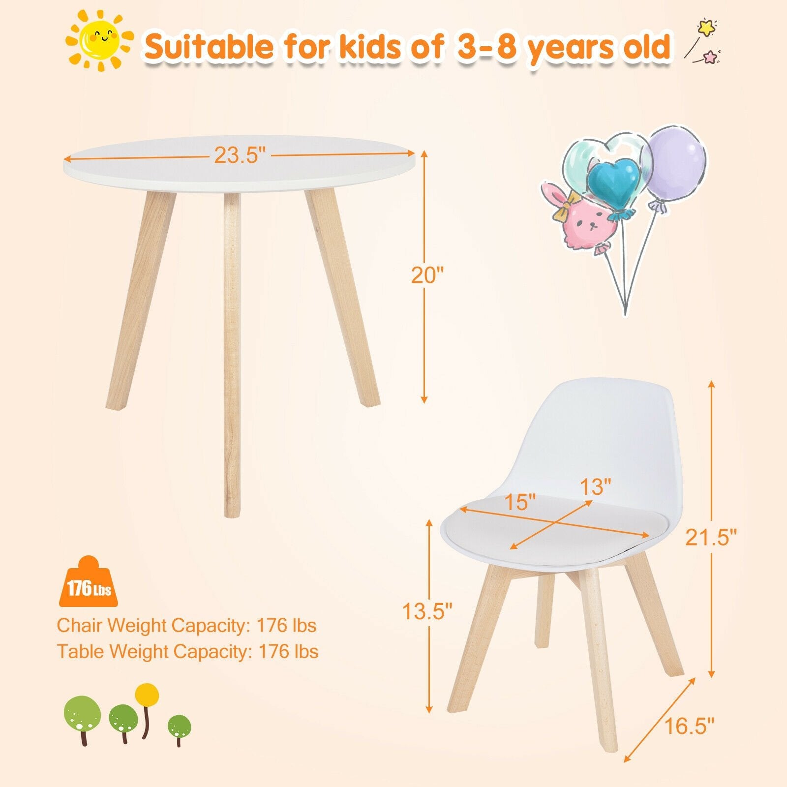 Modern Kids Activity Play Table and 2 Chairs Set with Beech Leg Cushion, White Kids Table & Chair Sets   at Gallery Canada