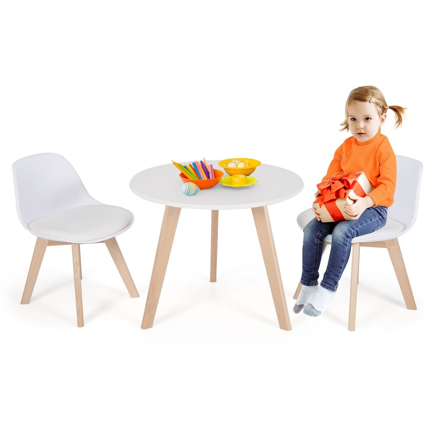 Modern Kids Activity Play Table and 2 Chairs Set with Beech Leg Cushion, White Kids Table & Chair Sets   at Gallery Canada