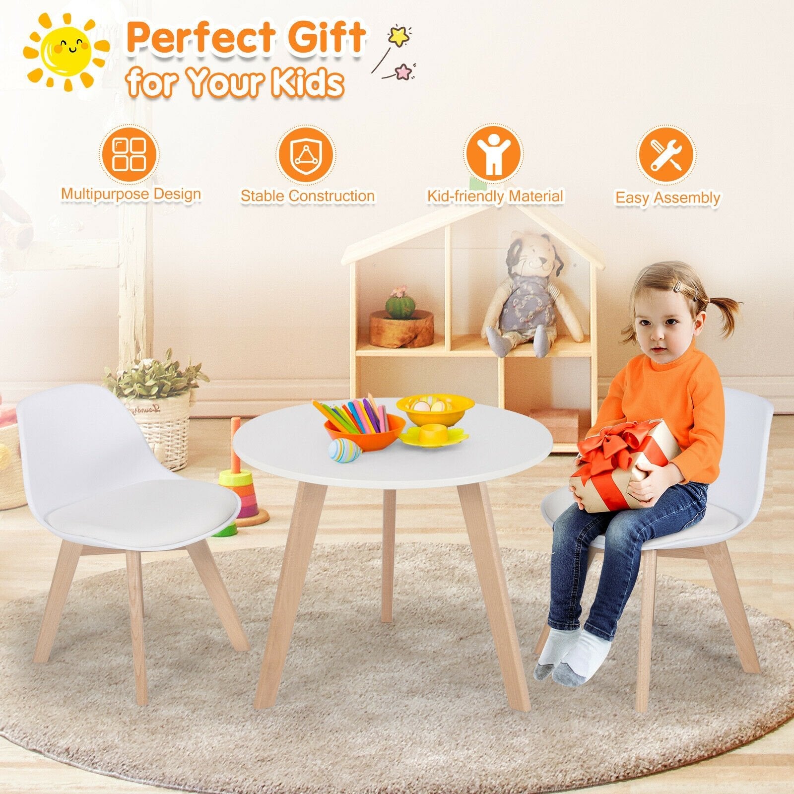 Modern Kids Activity Play Table and 2 Chairs Set with Beech Leg Cushion, White Kids Table & Chair Sets   at Gallery Canada