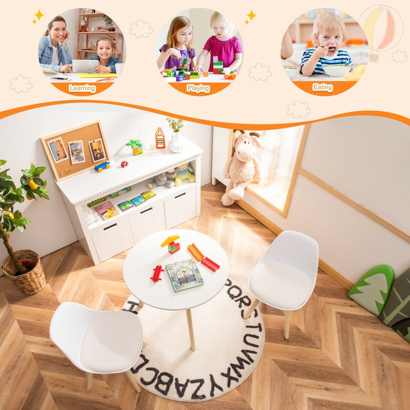 Modern Kids Activity Play Table and 2 Chairs Set with Beech Leg Cushion, White Kids Table & Chair Sets   at Gallery Canada