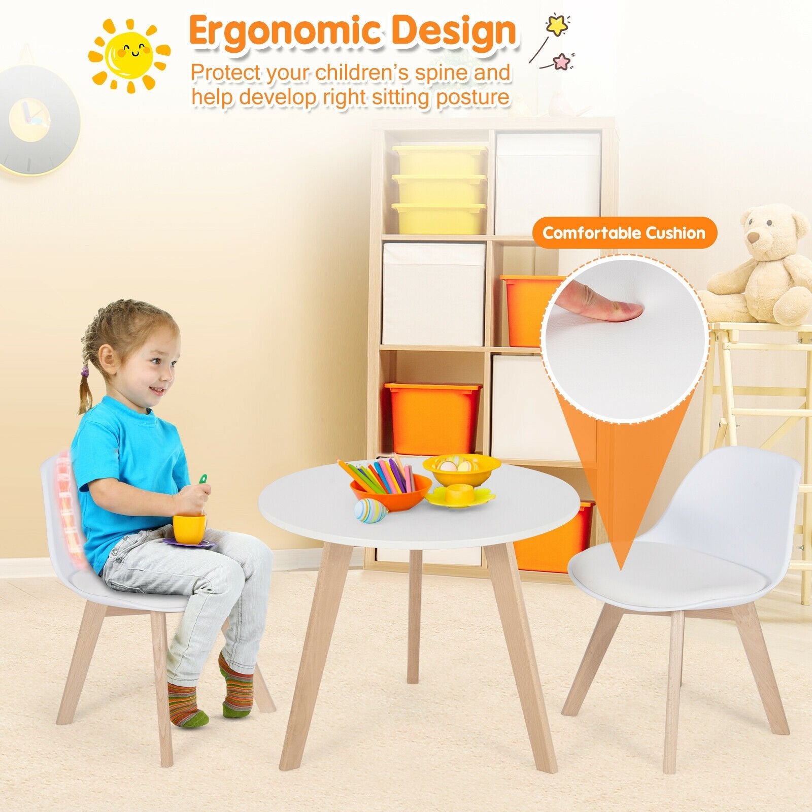 Modern Kids Activity Play Table and 2 Chairs Set with Beech Leg Cushion, White Kids Table & Chair Sets   at Gallery Canada