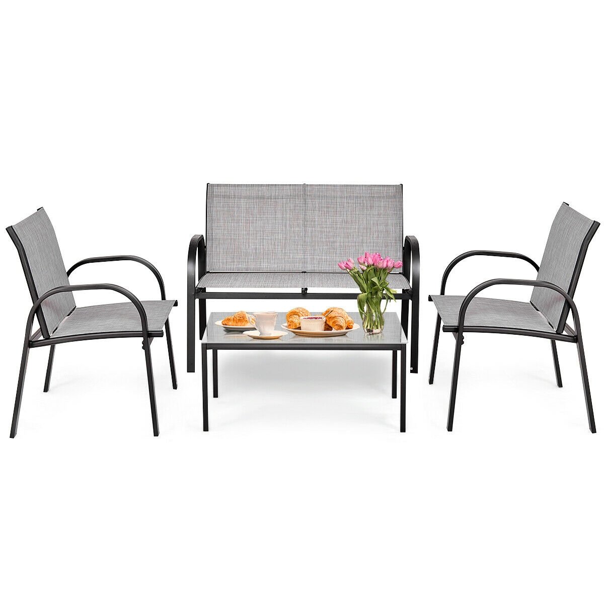 4 Pieces Patio Furniture Set with Glass Top Coffee Table, Gray Patio Conversation Sets   at Gallery Canada