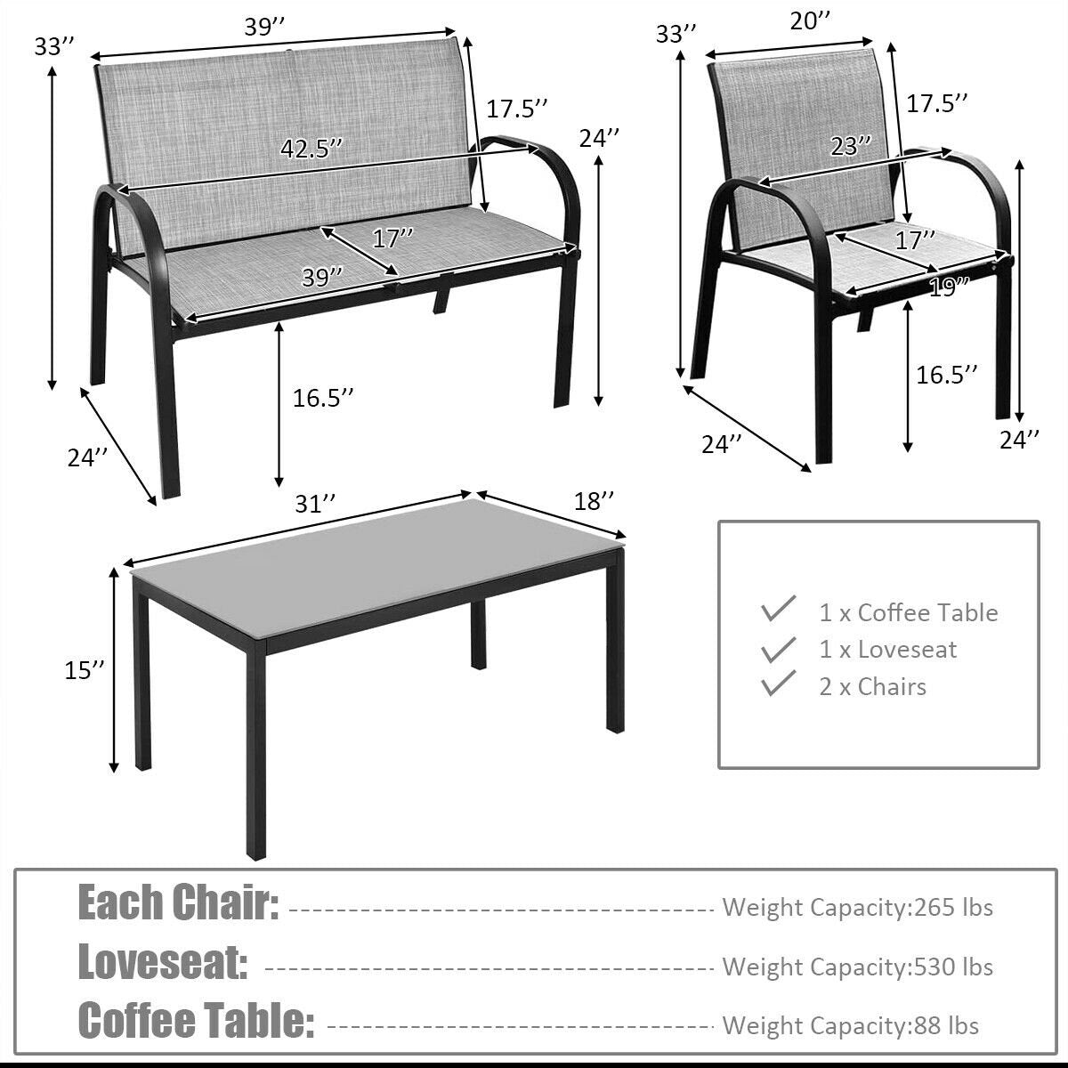 4 Pieces Patio Furniture Set with Glass Top Coffee Table, Gray Patio Conversation Sets   at Gallery Canada