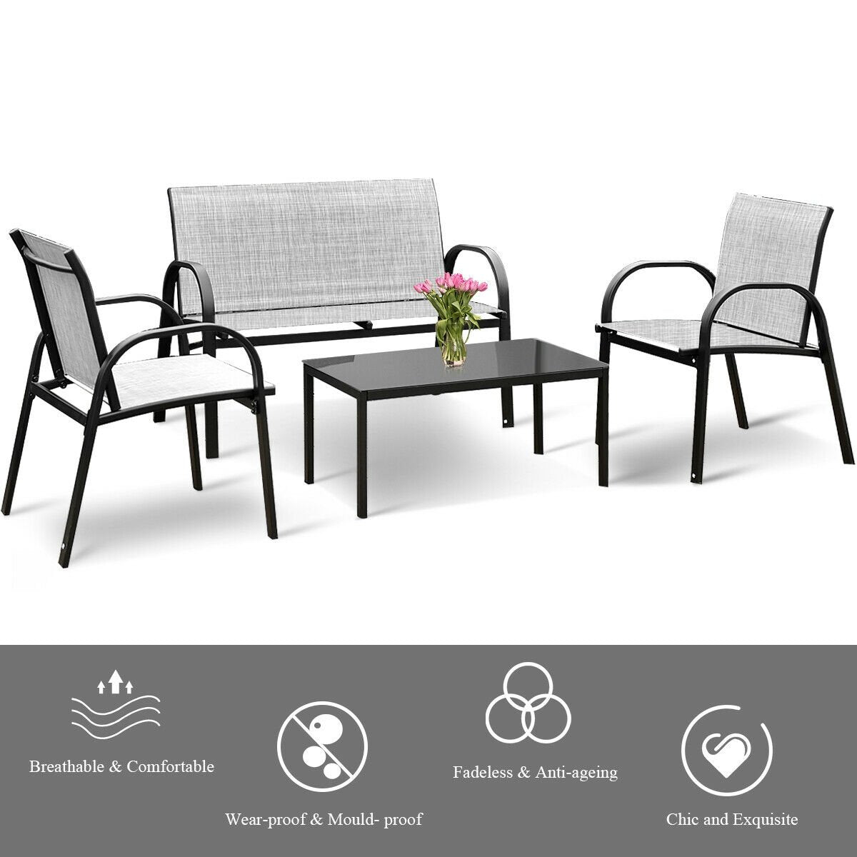 4 Pieces Patio Furniture Set with Glass Top Coffee Table, Gray Patio Conversation Sets   at Gallery Canada