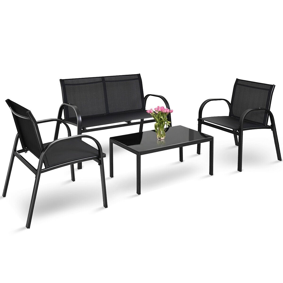 4 Pieces Patio Furniture Set with Glass Top Coffee Table, Black Patio Conversation Sets   at Gallery Canada