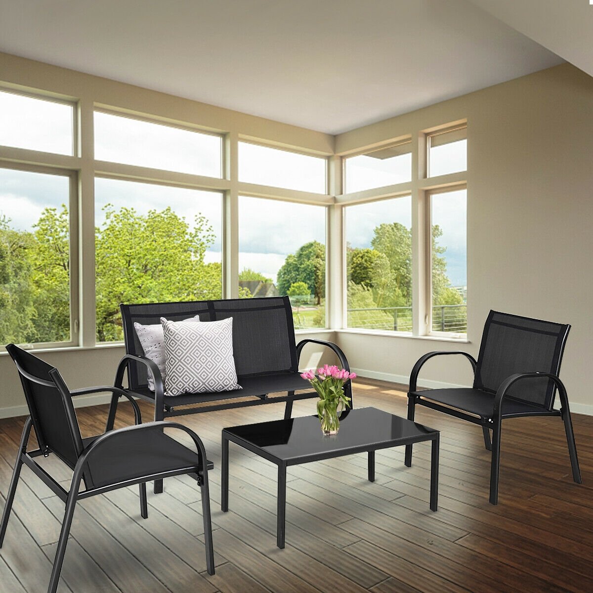 4 Pieces Patio Furniture Set with Glass Top Coffee Table, Black Patio Conversation Sets   at Gallery Canada